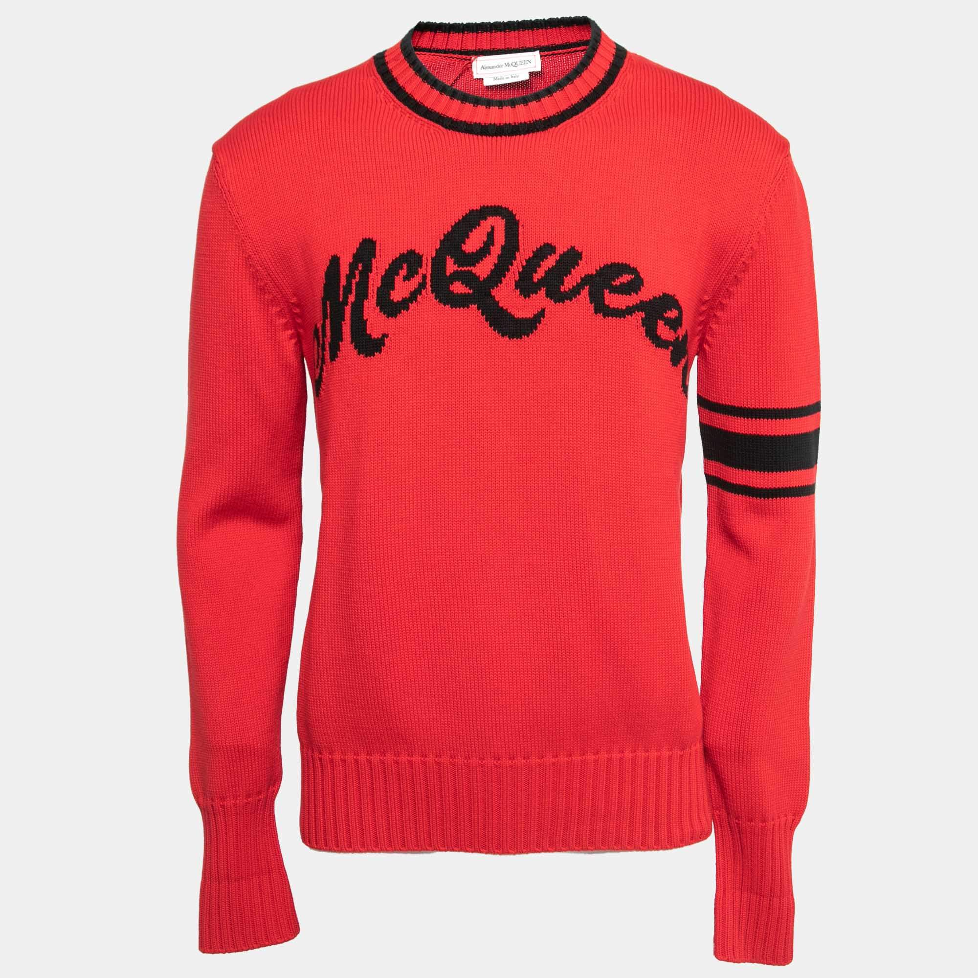 Pre Owned Alexander McQueen Red Logo Patterned Cotton Knit Crew Neck Sweater M