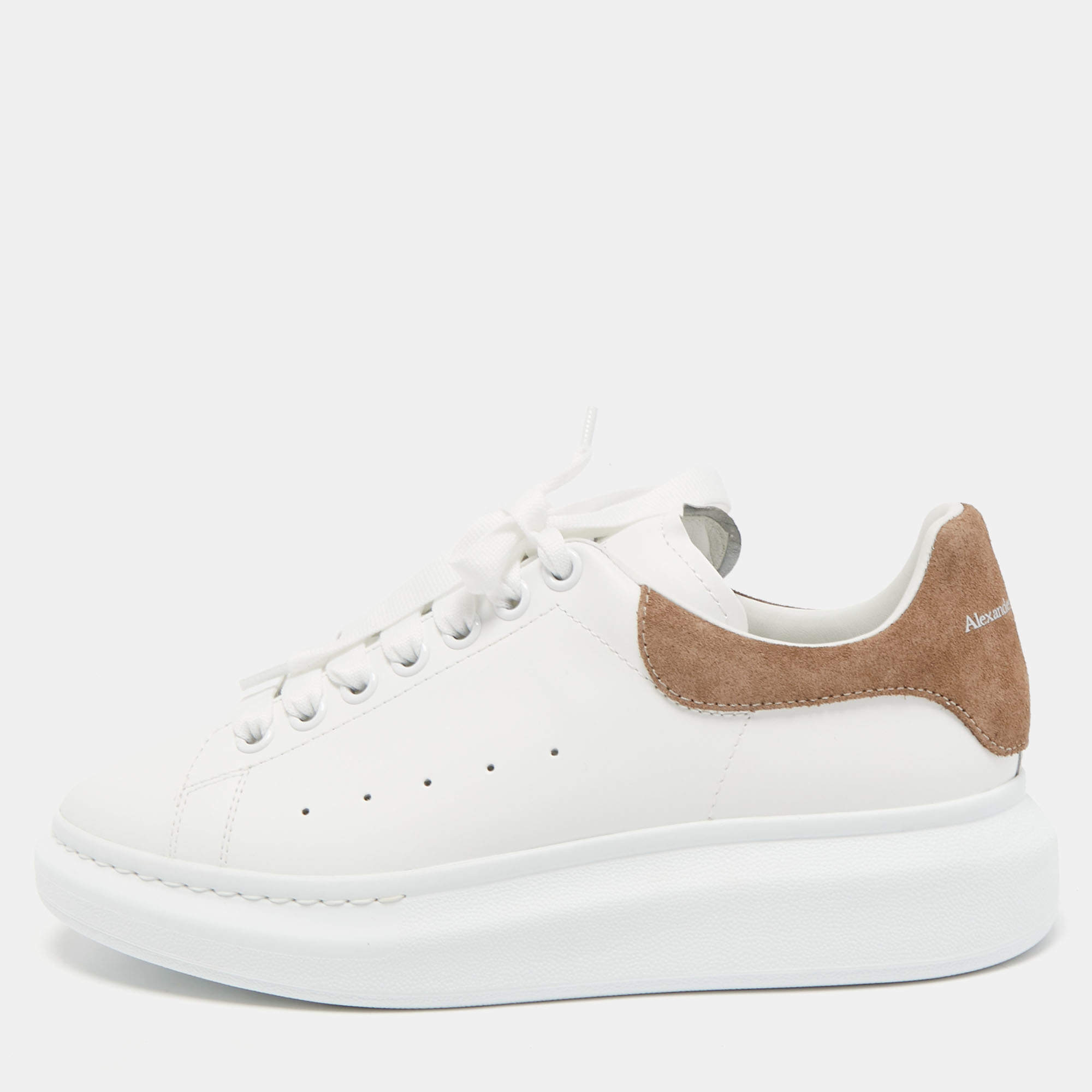 Pre Owned Alexander McQueen White/Brown Leather and Suede Oversized Sneakers Size 40