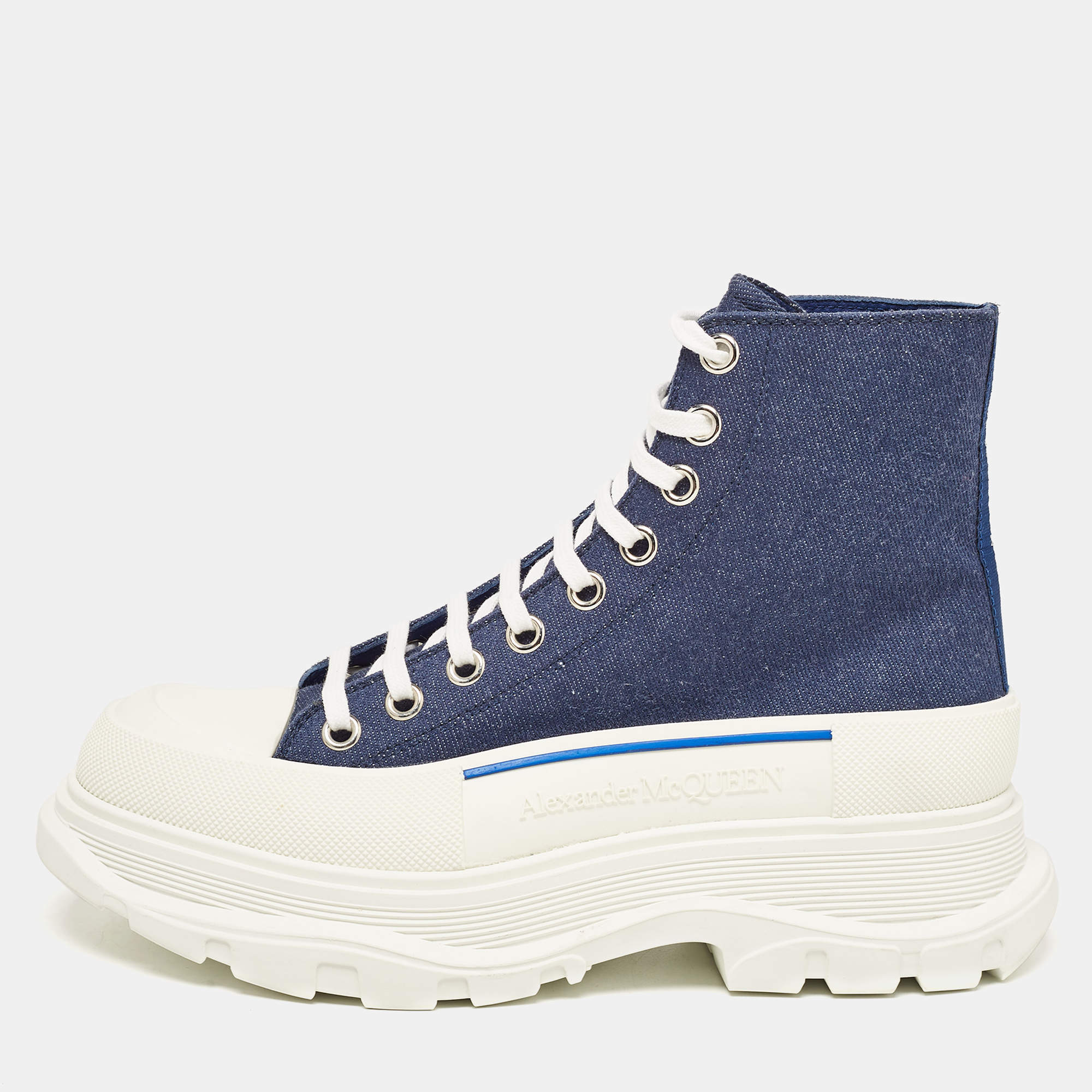 Alexander McQueen Blue Denim Tread Slick High Top Sneakers Size 40.5