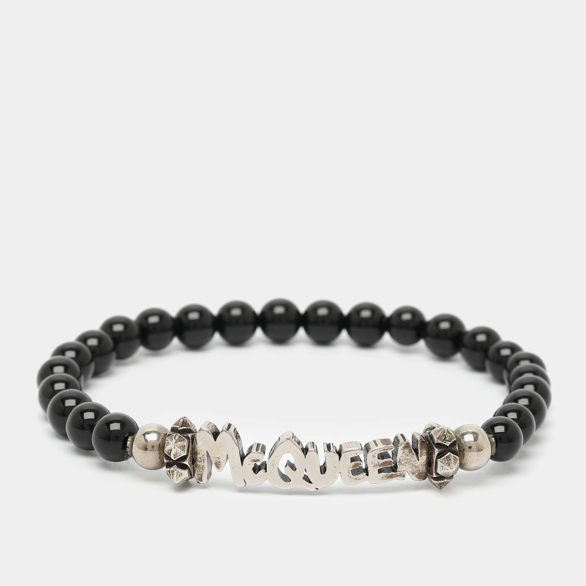 مملوكة مسبقًا Alexander McQueen Black Silver Tone Logo Beaded Bracelet