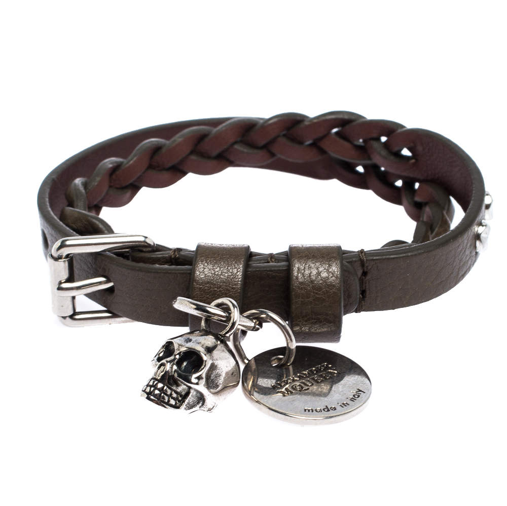 Pre Owned Alexander McQueen Greenish Brown Leather Braided Double Wrap Skull Bracelet