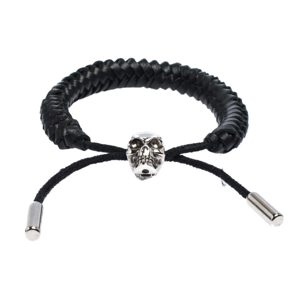 Pre Owned Alexander McQueen Skull Charm Woven Black Leather Silver Tone Adjustable Bracelet