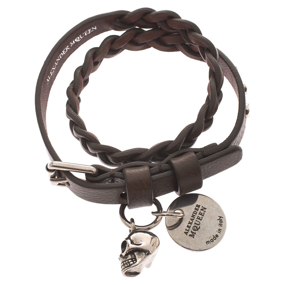 Pre Owned Alexander McQueen Brown Leather Silver Tone Wrap Bracelet