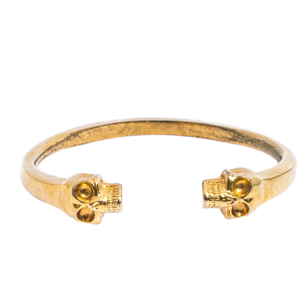 Pre Owned Alexander McQueen Skull Motif Gold Tone Open Cuff Bracelet