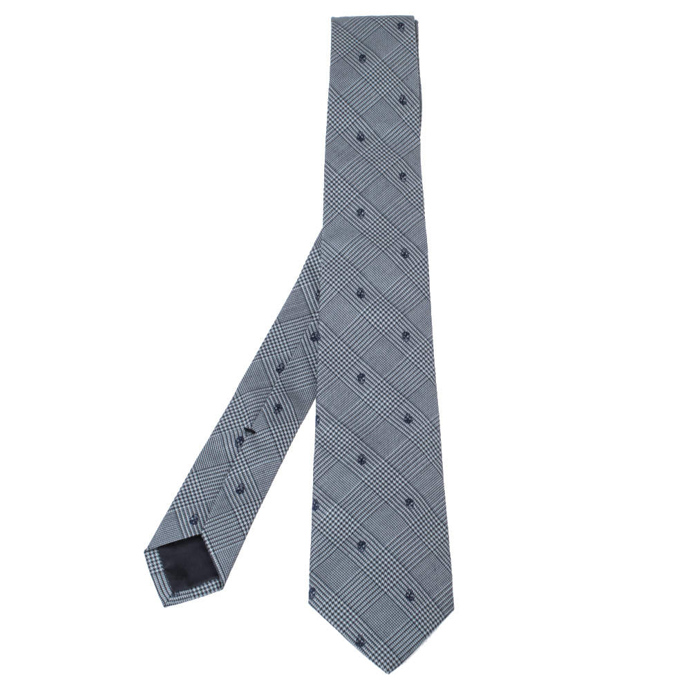 Pre Owned Alexander McQueen Grey Skull Silk Wool Prince of Wales Check Tie