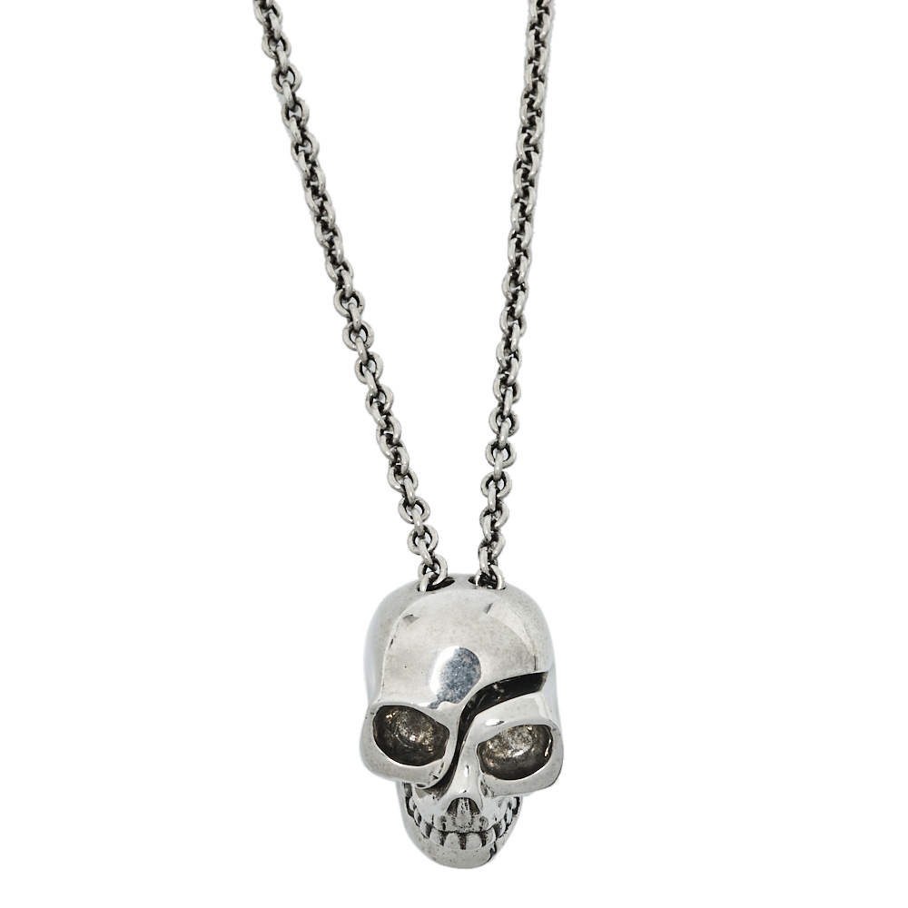 Alexander McQueen Divided Skull Silver Tone Long Chain Necklace