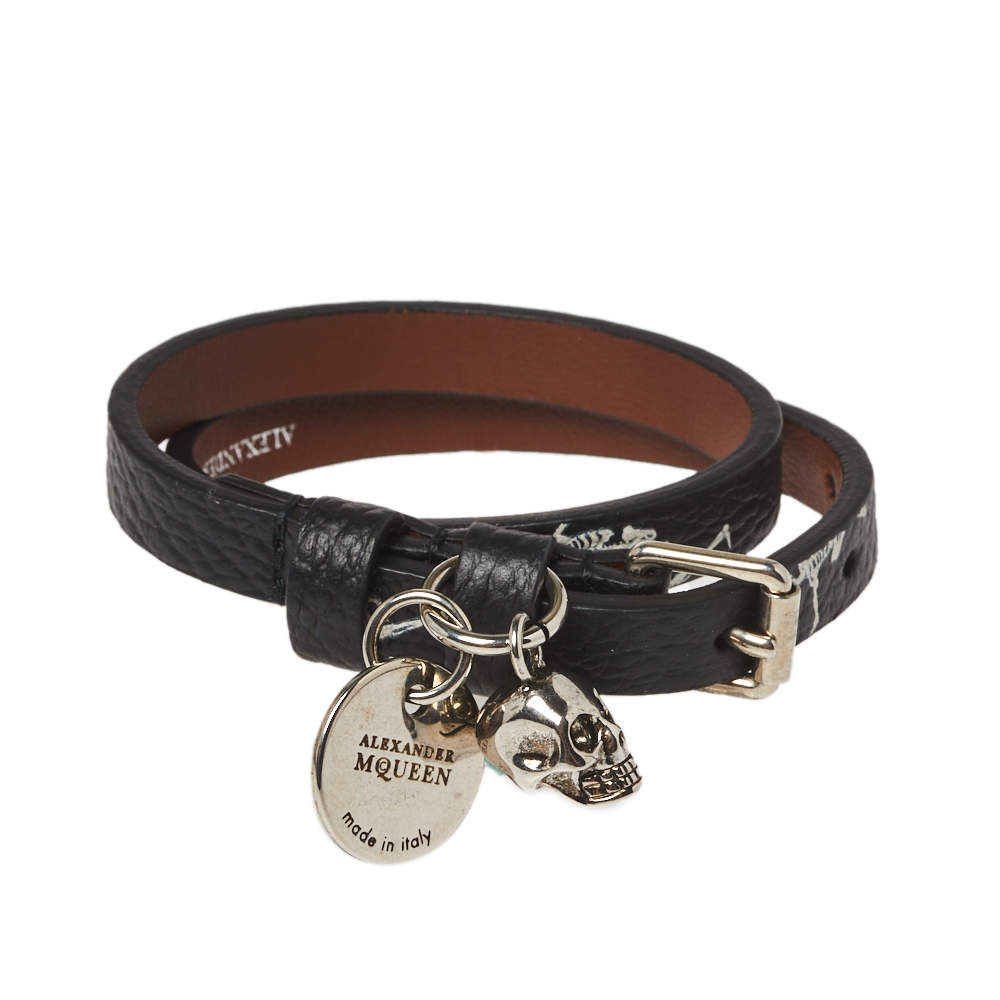 Pre Owned Alexander McQueen Black Printed Leather Skull Charm Double Wrap Bracelet
