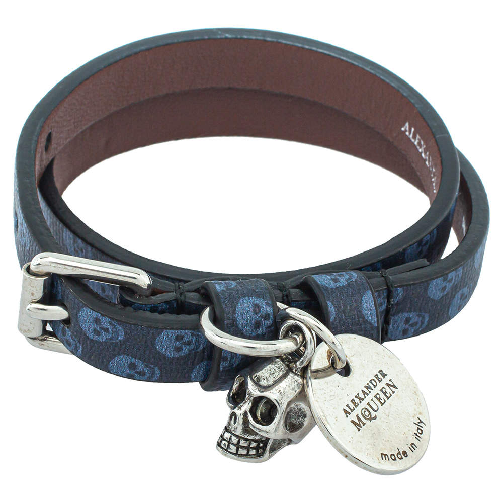 Alexander McQueen Blue Skull Print Leather Double Wrap Bracelet