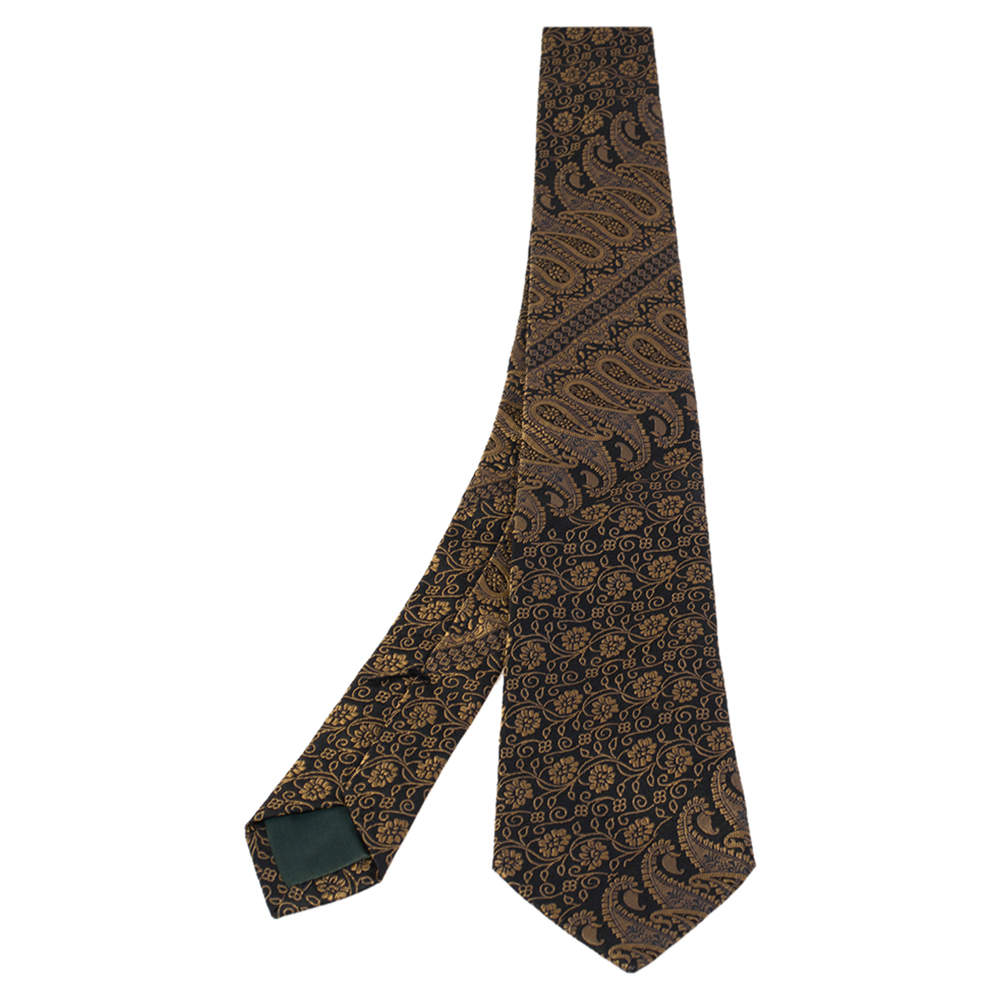 Pre Owned Alexander McQueen Black & Gold Paisley Patterned Silk Jacquard   Tie