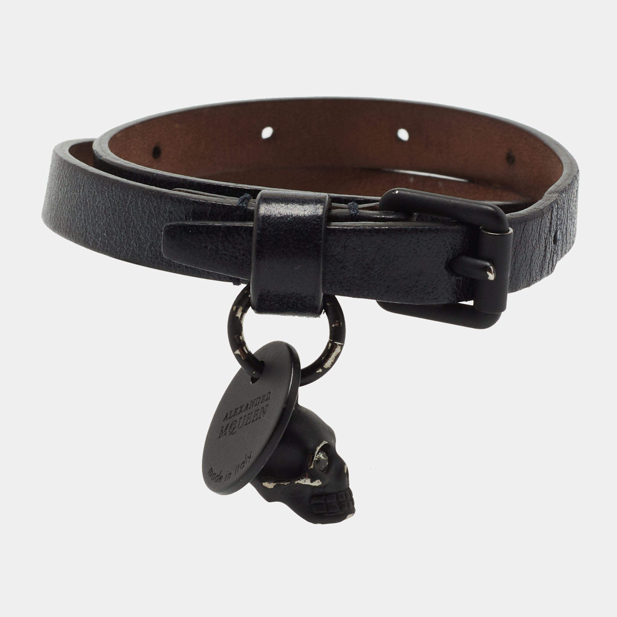 Pre Owned Alexander McQueen Black Leather Double Wrap Skull Charm Bracelet