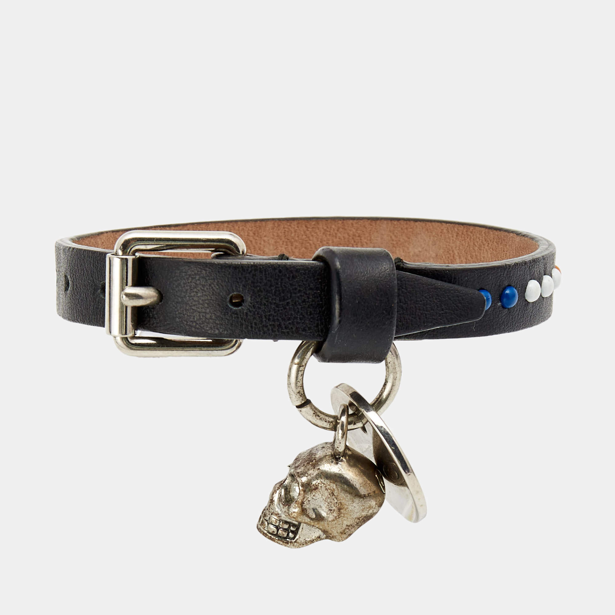 Pre Owned Alexander McQueen Skull Charm Beaded Leather Wrap Bracelet