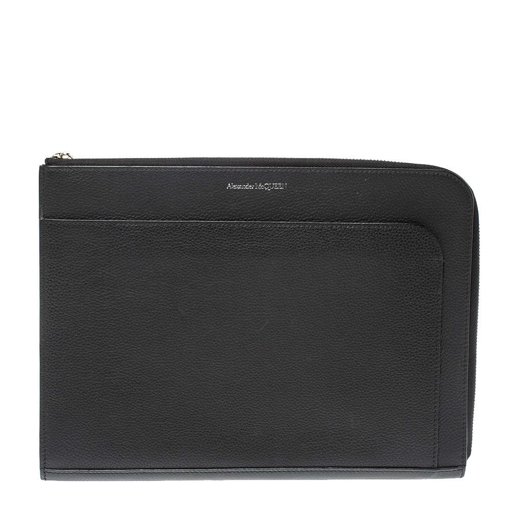 Pre Owned Alexander McQueen Black Leather Half Zip Pouch