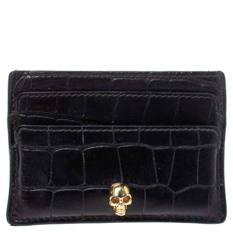 Alexander McQueen Black Crocodile Embossed Leather Skull Card Holder