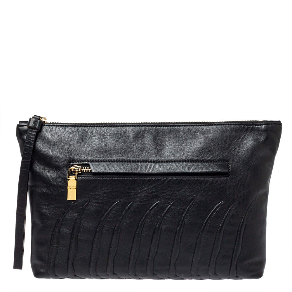 Alexander McQueen Black Ribcage Embossed Leather Wristlet Clutch ...