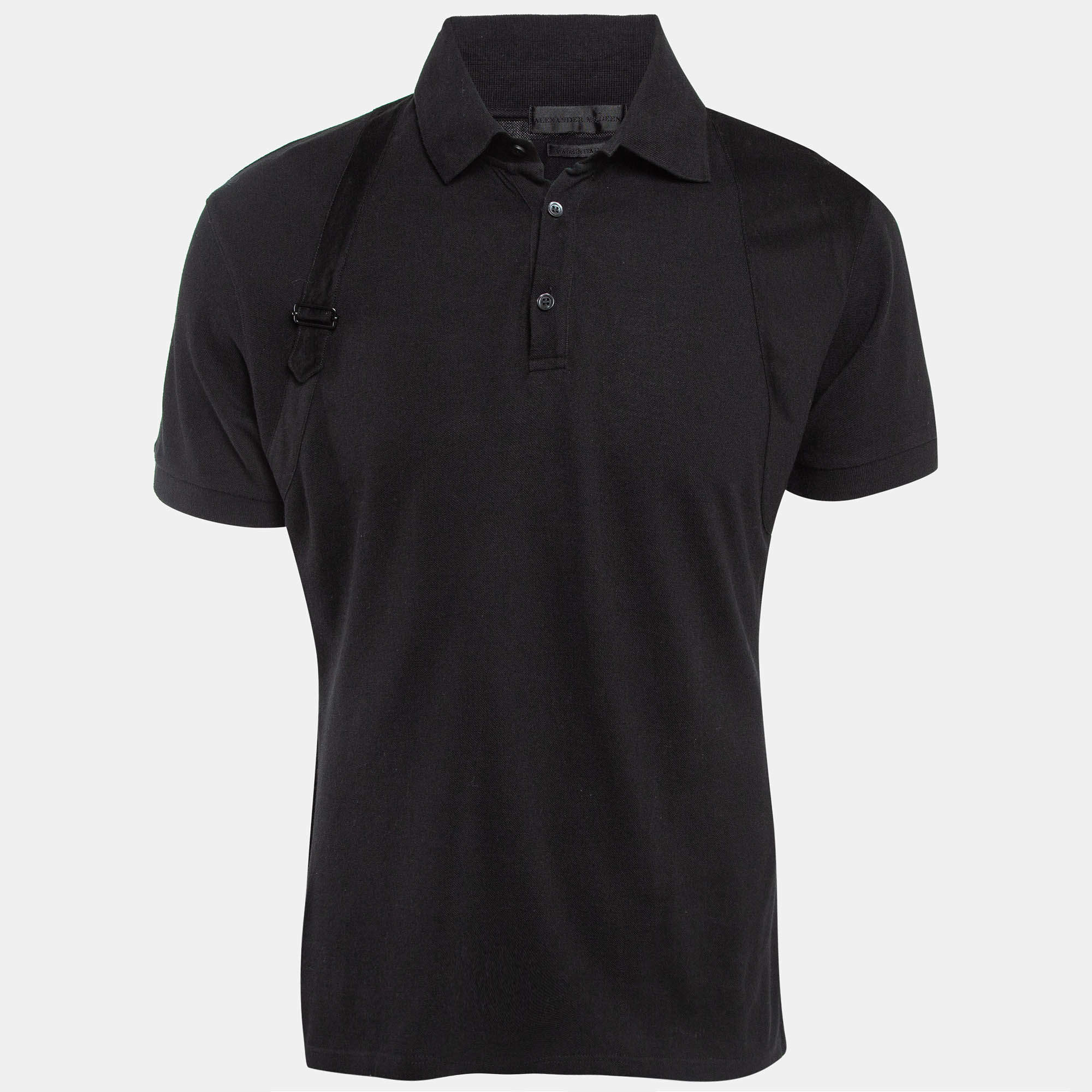 Pre Owned Alexander McQueen Black Cotton Pique Harness Detail Polo T-Shirt L