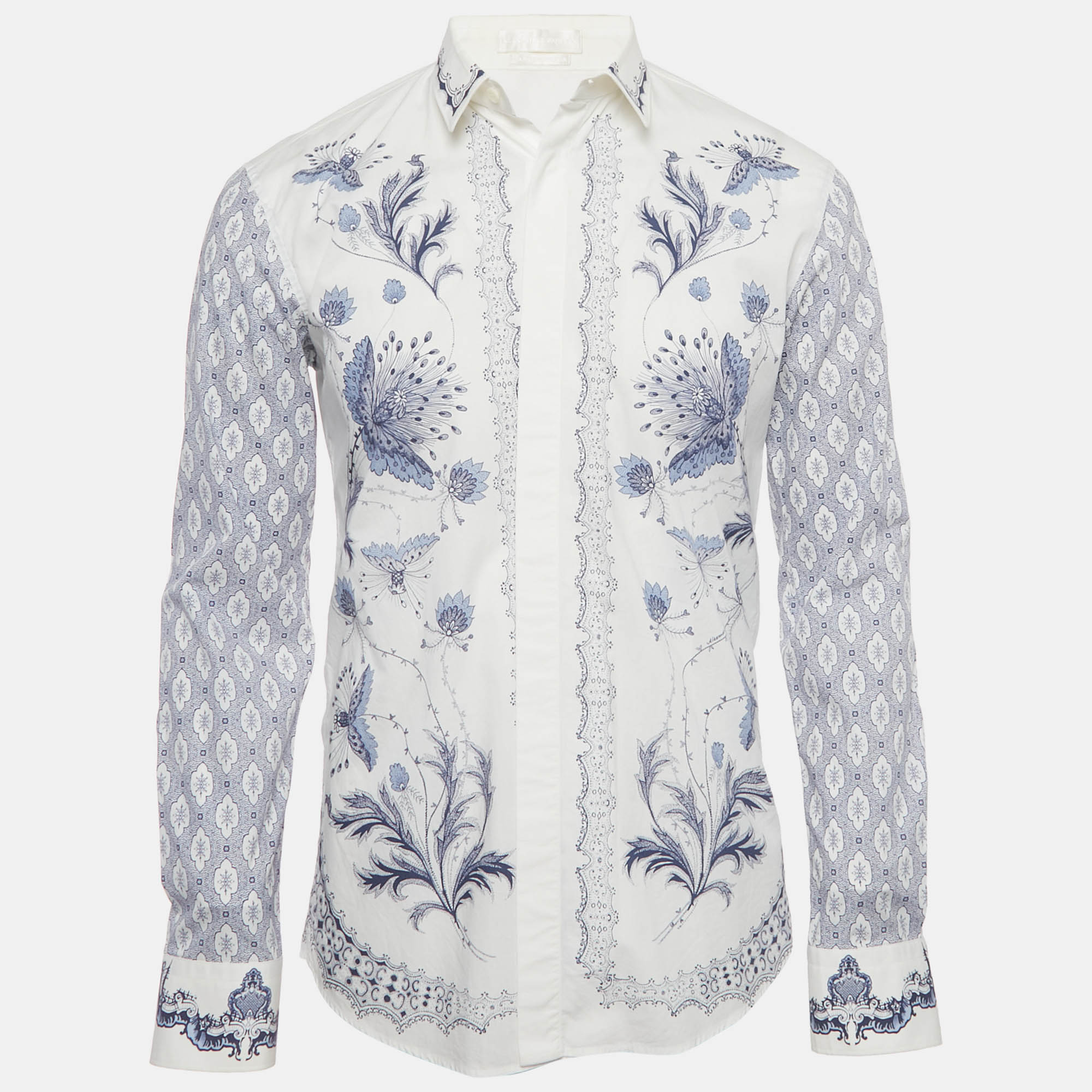 Pre Owned Alexander McQueen White/Blue Printed Cotton Shirt M