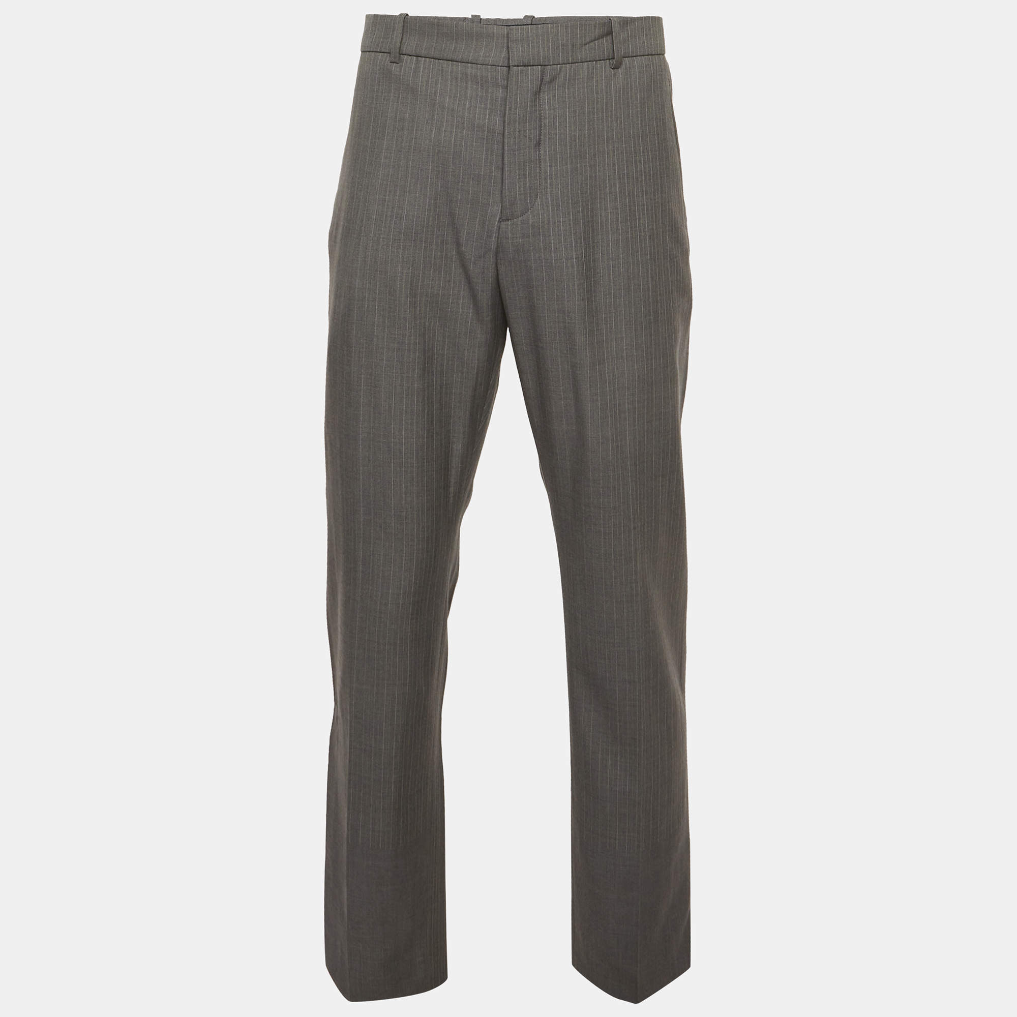 مملوكة مسبقًا بنطلون أليكسندر ماكوين صوف رمادي مخطط مقاس كبير - لارج