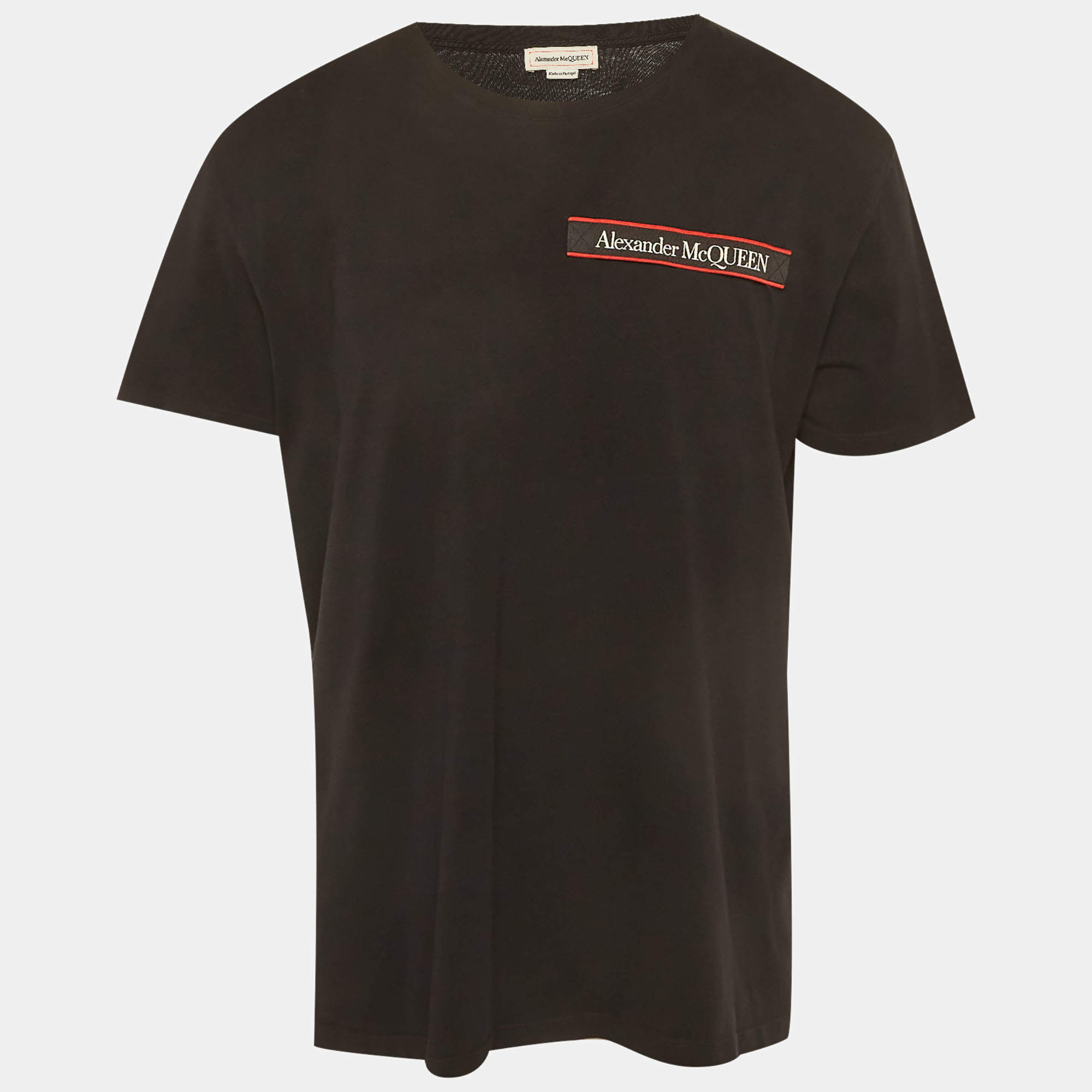 Pre Owned Alexander McQueen Black Cotton Logo Tape Detail T-Shirt XXL