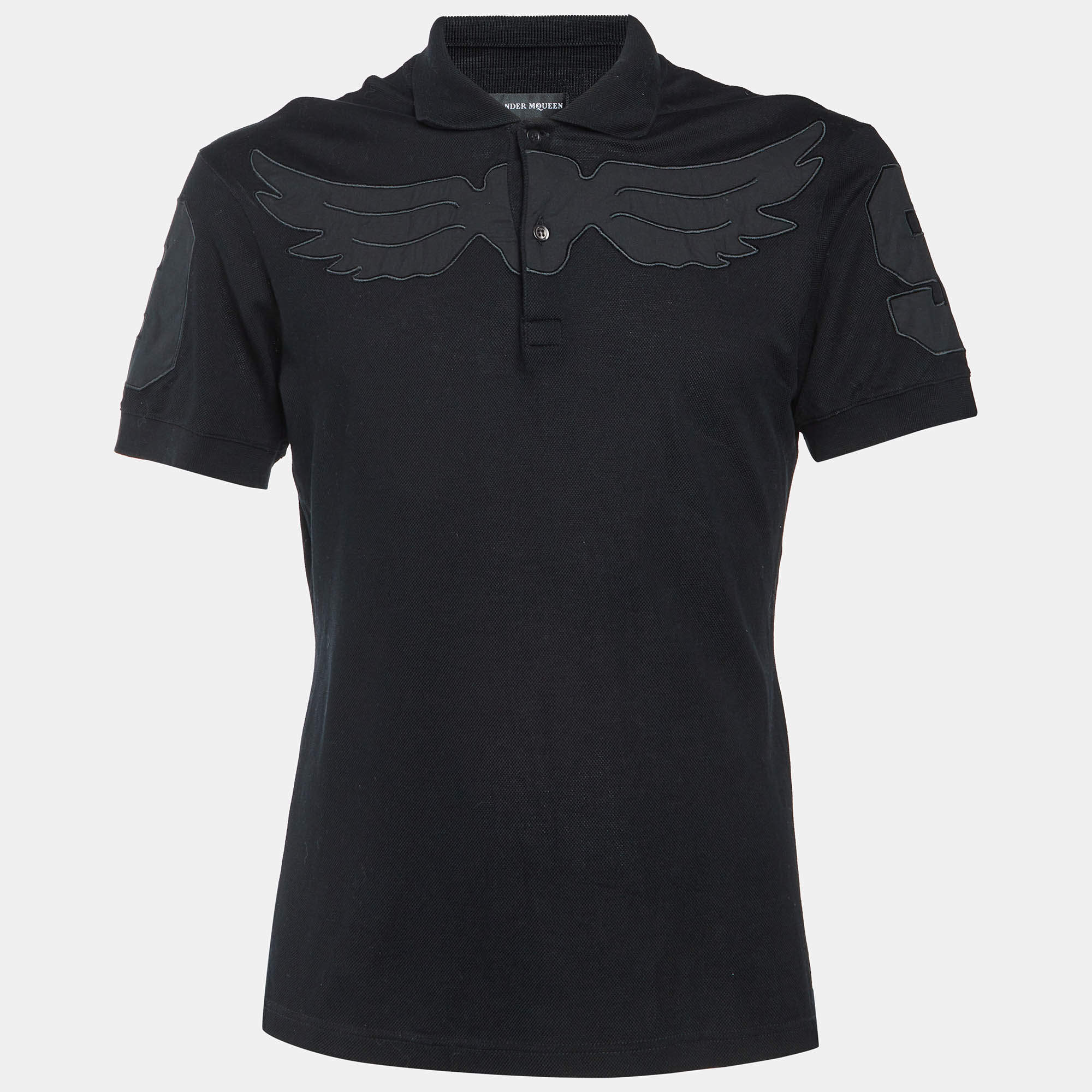 Pre Owned Alexander McQueen Black Cotton Wings Applique Cotton Polo T-Shirt M