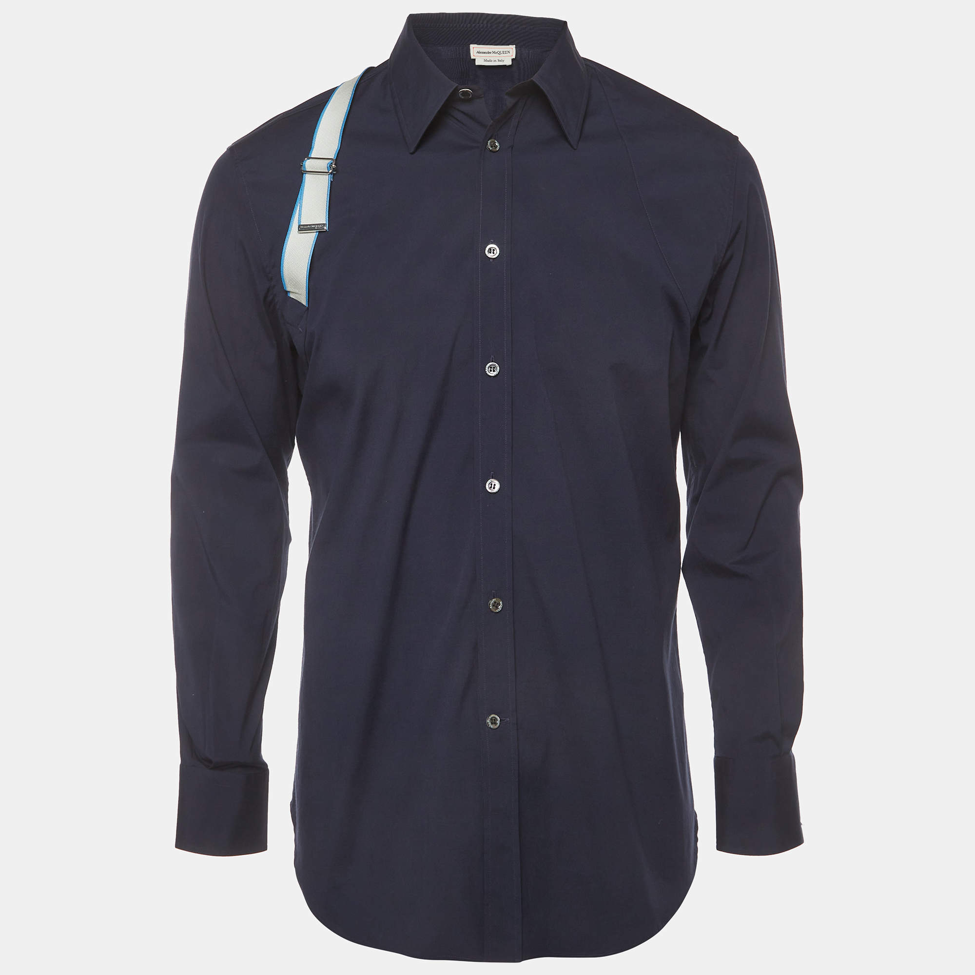 Pre Owned Alexander McQueen Navy Blue Poplin Harness Trim Shirt XL   