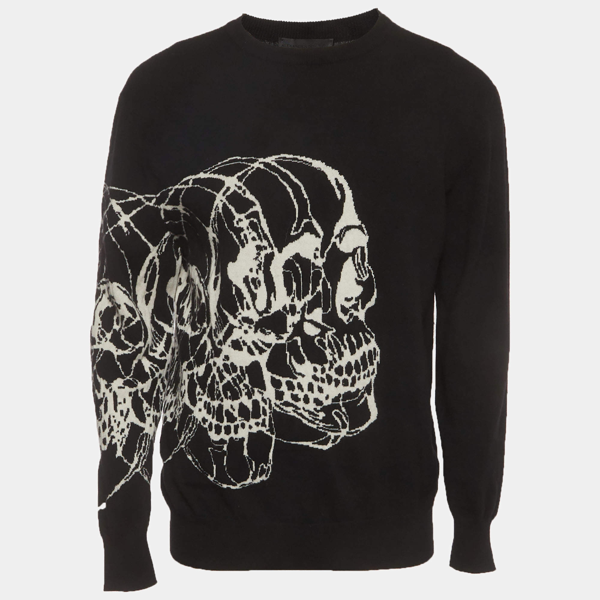 Pre Owned Alexander McQueen Black Skull Intarsia Wool Crewneck Sweater L