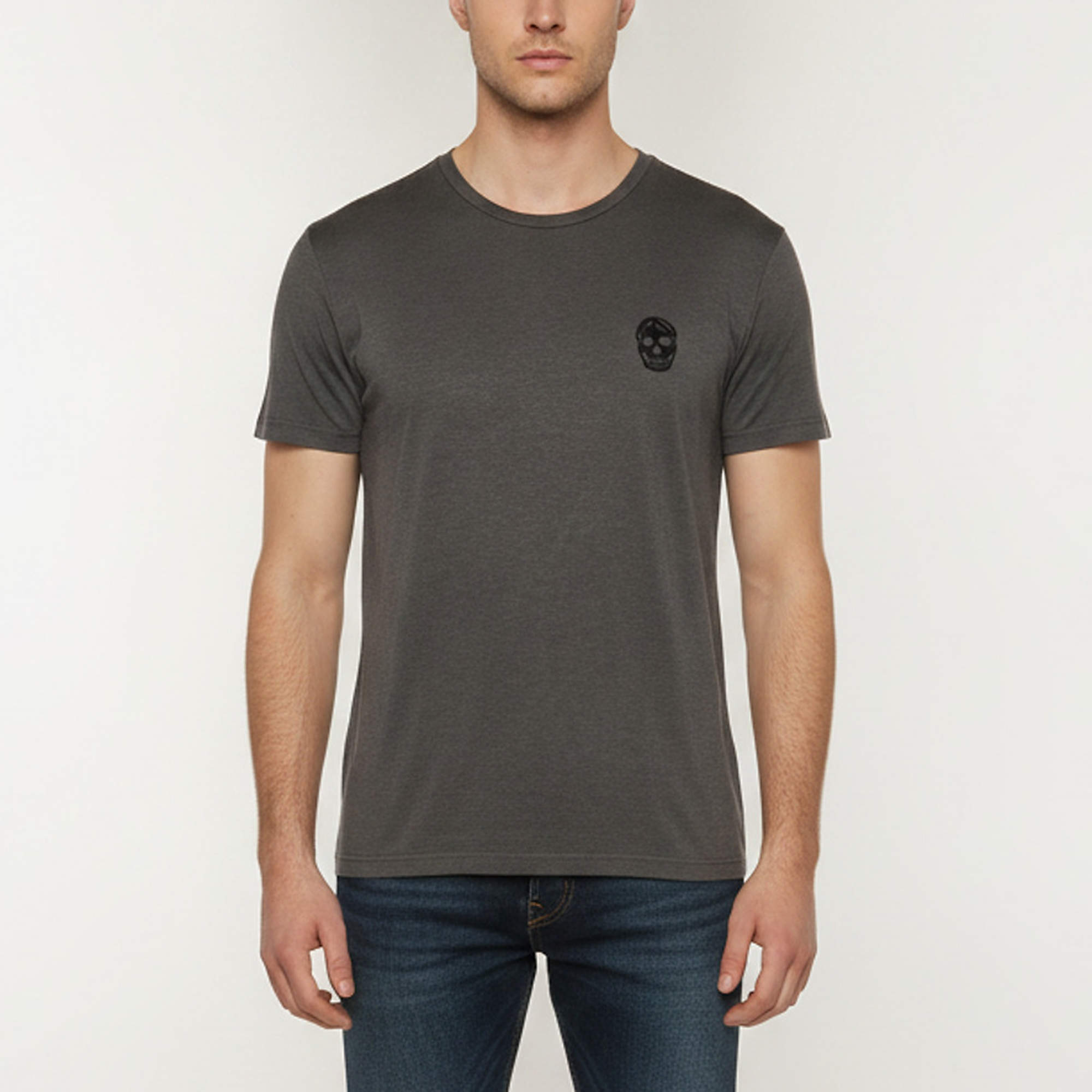 Pre Owned Alexander McQueen Grey Skull Applique Jersey Crewneck T-Shirt M