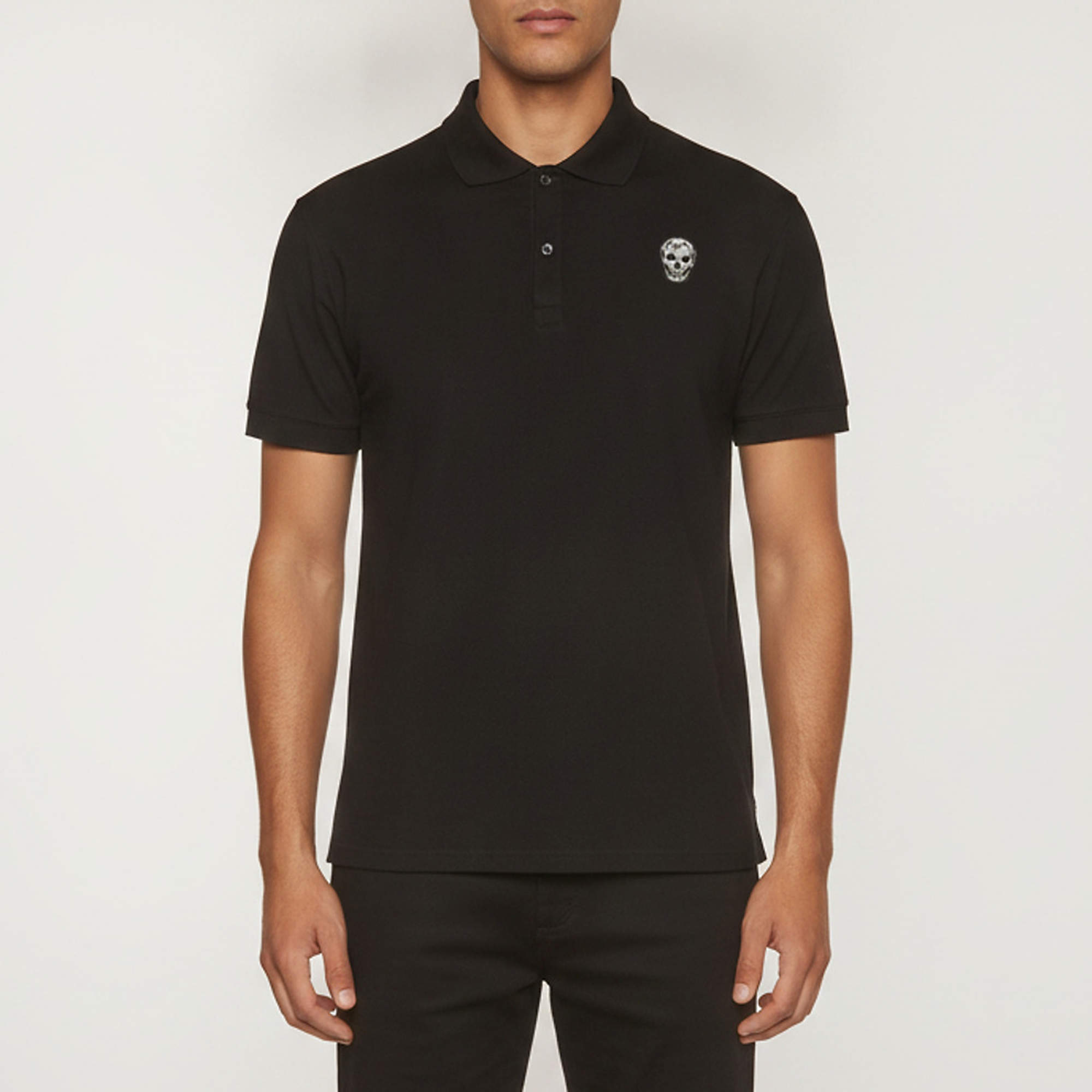 Pre Owned Alexander McQueen Black Embroidered Skull Patch Pique Cotton Polo T-Shirt XL