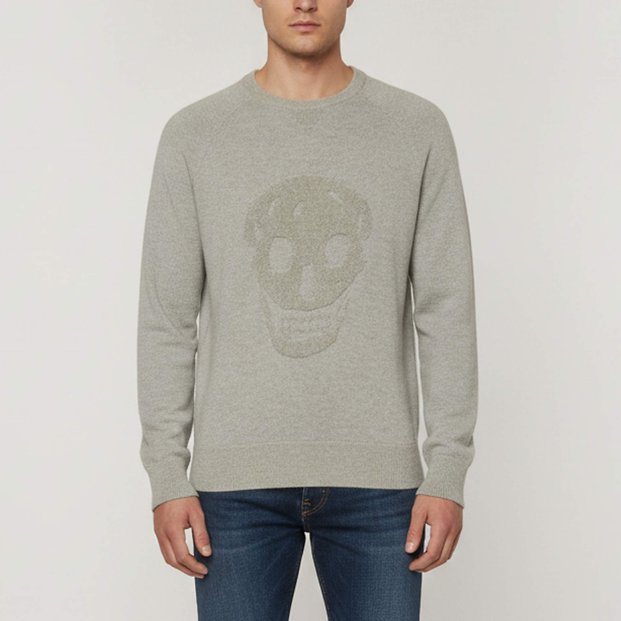 Pre Owned Alexander McQueen Grey Textured Skull Wool Crewneck Sweater XL
