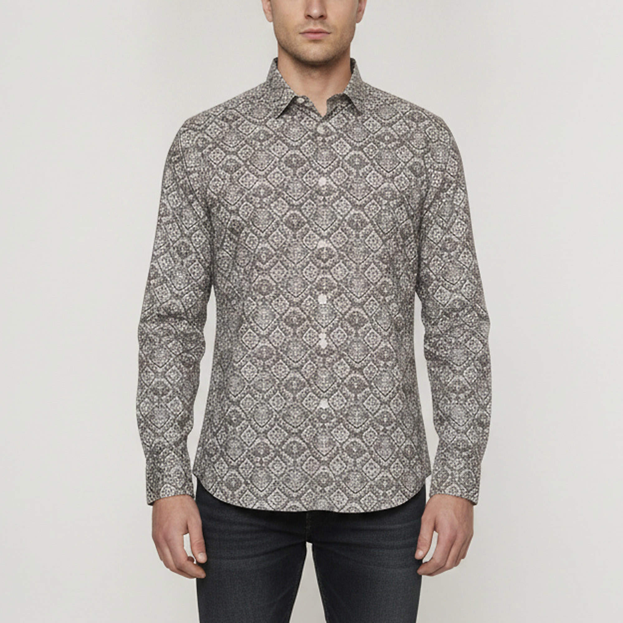 Pre Owned Alexander McQueen Grey Geometric Lace Print Poplin Shirt S