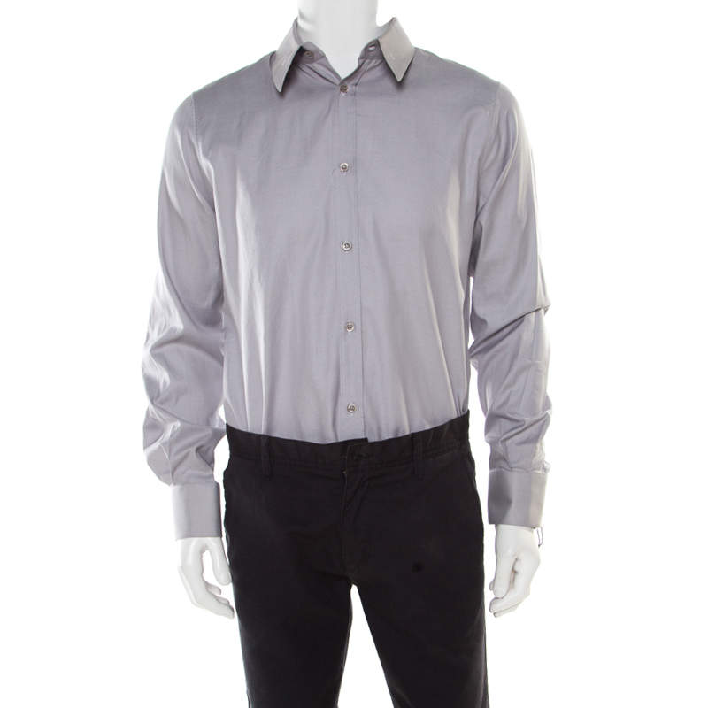 Pre Owned Alexander McQueen Grey Textured Cotton Eyelet Embroidered Collar Shirt XL