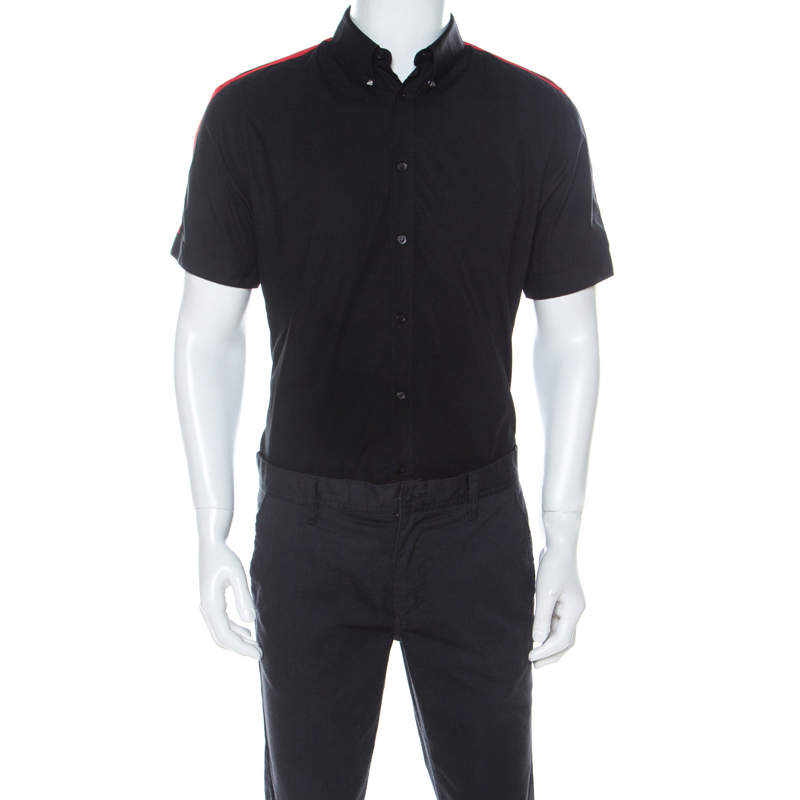 Pre Owned Alexander McQueen Black Cotton Red Stripe Detail Collar Stud Short Sleeve Shirt L