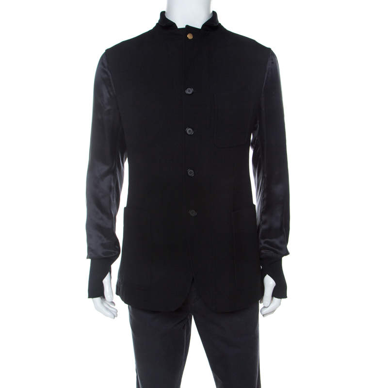 Pre Owned Alexander McQueen Black Tweed and Satin Sleeve Detail Jacket XL