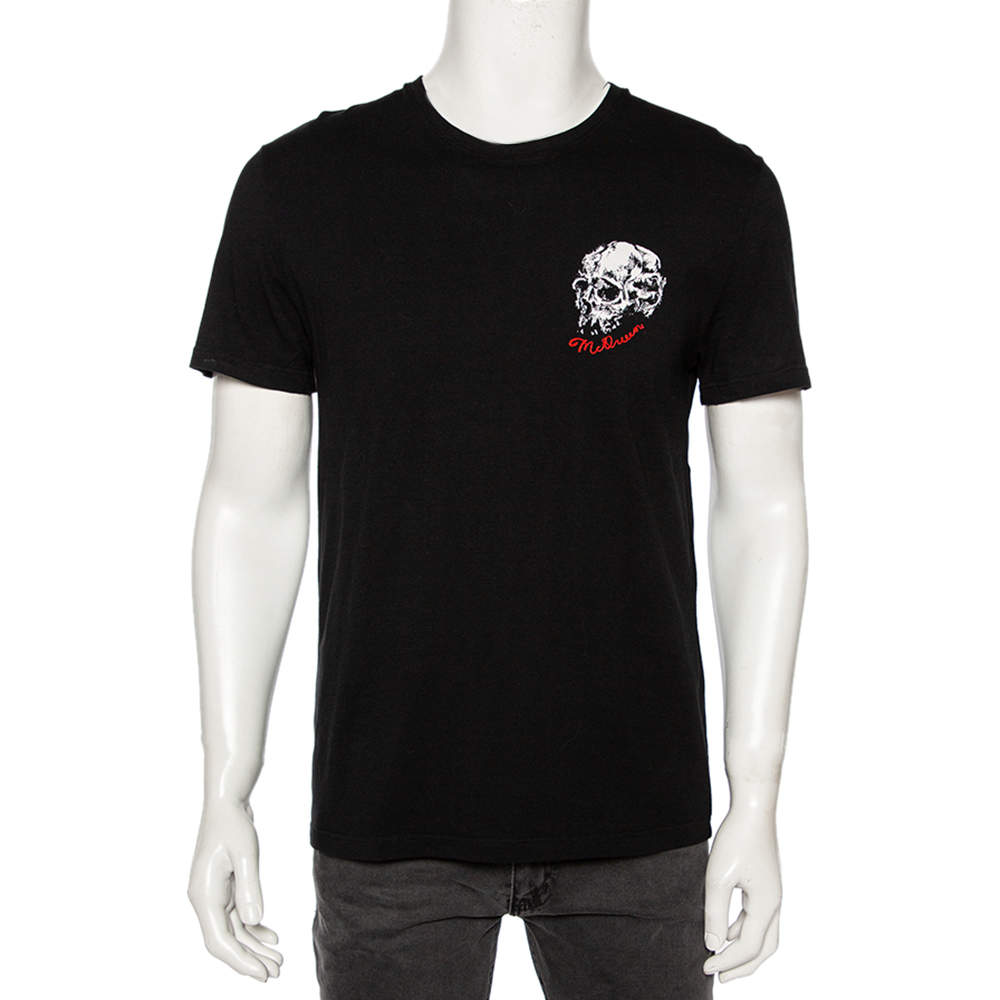 Pre Owned Alexander McQueen Black Printed Cotton Embroidered Logo Detailed T-Shirt M