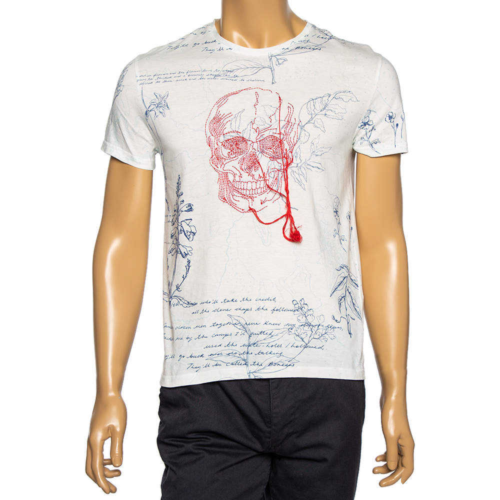 Pre Owned Alexander McQueen Printed White Distressed Embroidered Skull Detail T-Shirt L