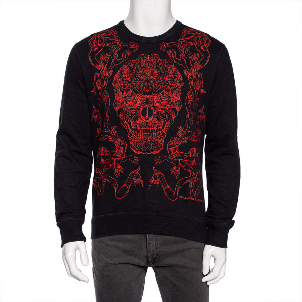 Pre Owned Alexander McQueen Black Cotton Skull Embroidered Crew Neck Sweatshirt L