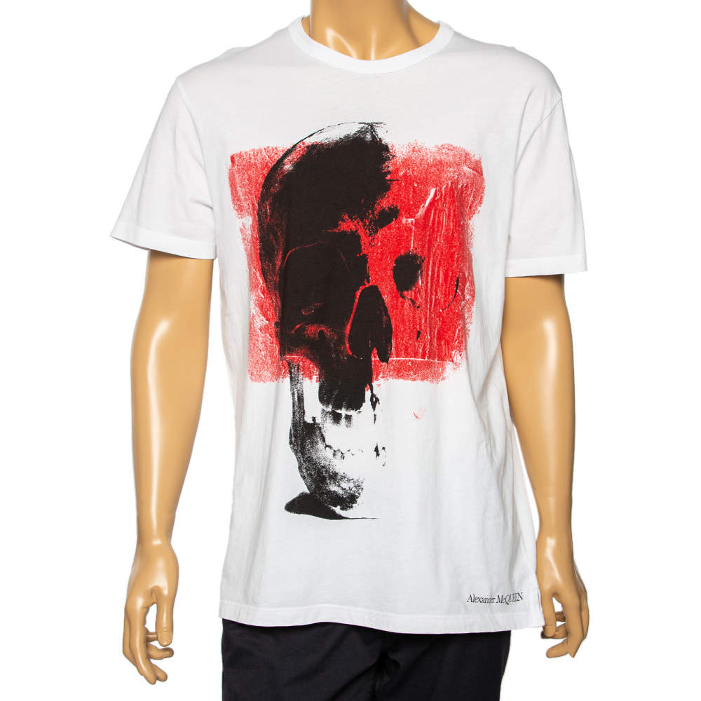 Pre Owned تي شيرت أليكساندر ماكوين قطن مطبوع أبيض أكمام قصيرة مقاس كبير (لارج)