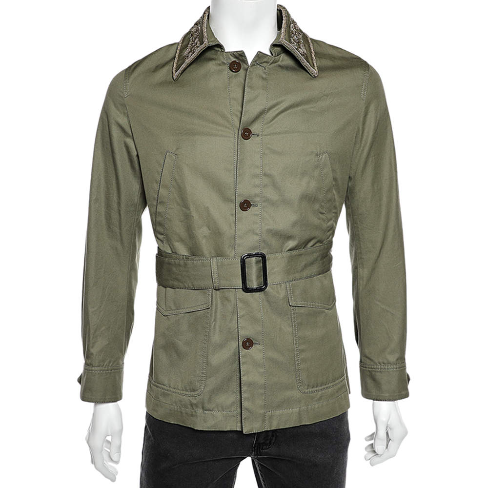 Alexander McQueen Olive Green Cotton Embroidered Collar Detail Belted Parka M