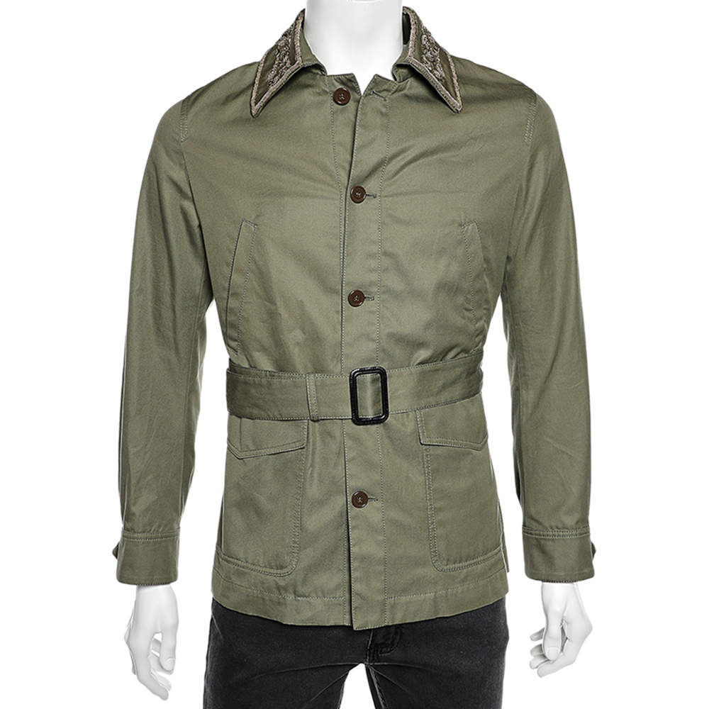 Pre Owned Alexander McQueen Olive Green Cotton Embroidered Collar Detail Belted Parka M