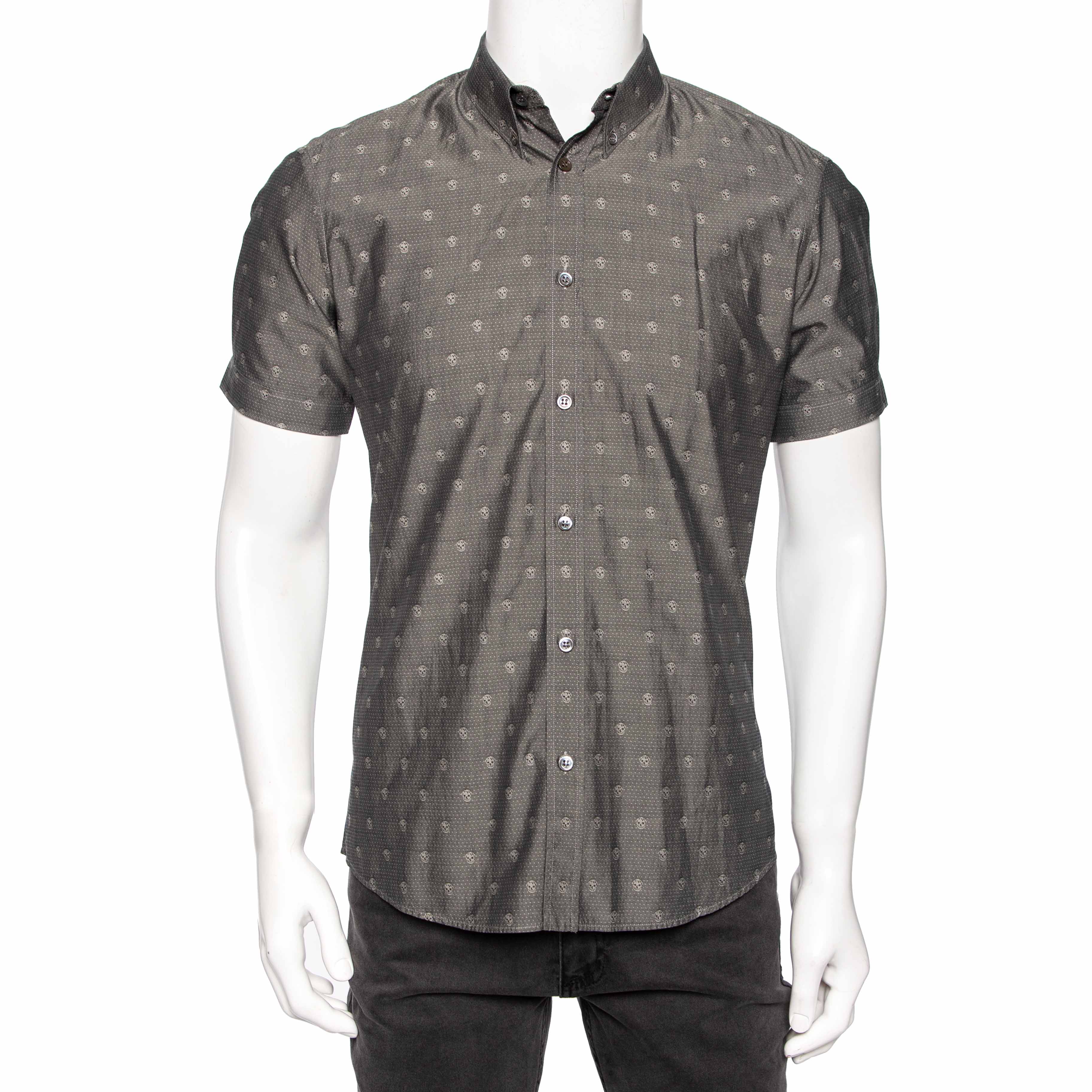 Pre Owned Alexander McQueen Grey Skull Print Cotton Short Sleeve Shirt M