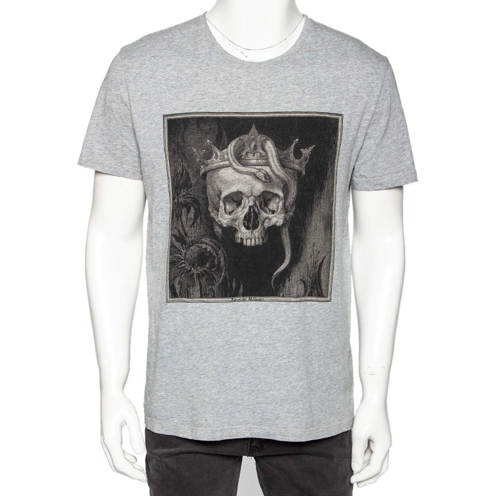 Pre Owned Alexander McQueen Grey Skull Printed Cotton Knit T-Shirt L