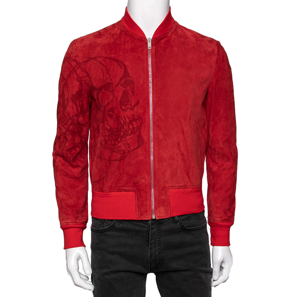 Pre Owned Alexander McQueen Red Suede Skull Embossed Jacket S