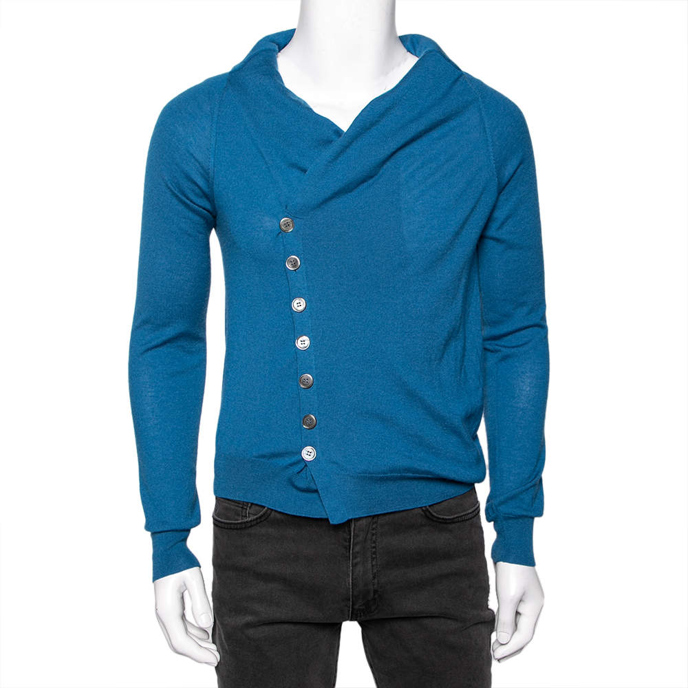 Pre Owned Alexander McQueen Blue Cashmere Draped Lapel Detail Cardigan S