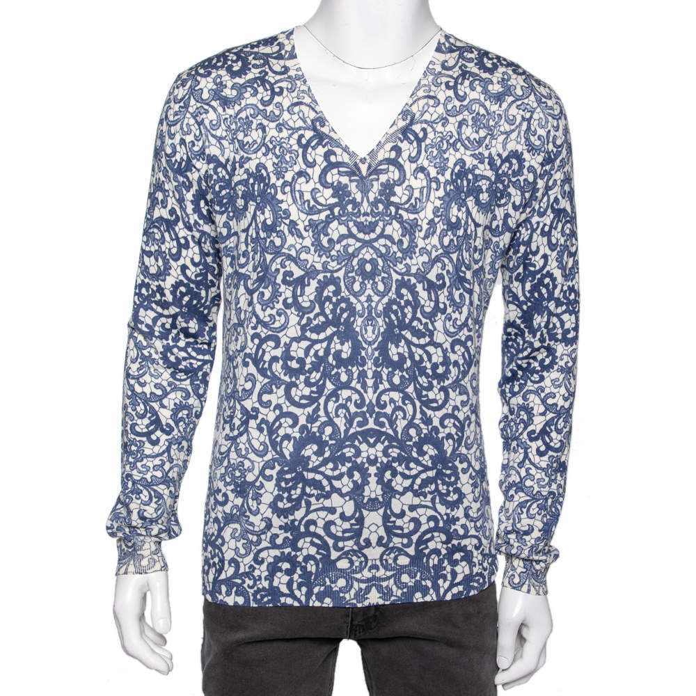 Pre Owned Alexander McQueen Blue Printed Wool & Silk V-Neck Sweater S