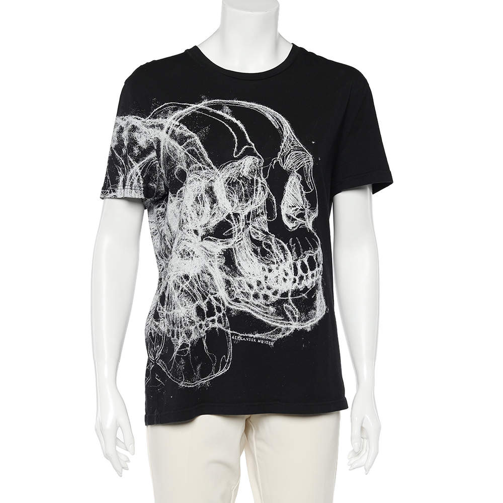 Pre Owned Alexander McQueen Black Cotton Knit Graffiti Skulls Print T-Shirt M
