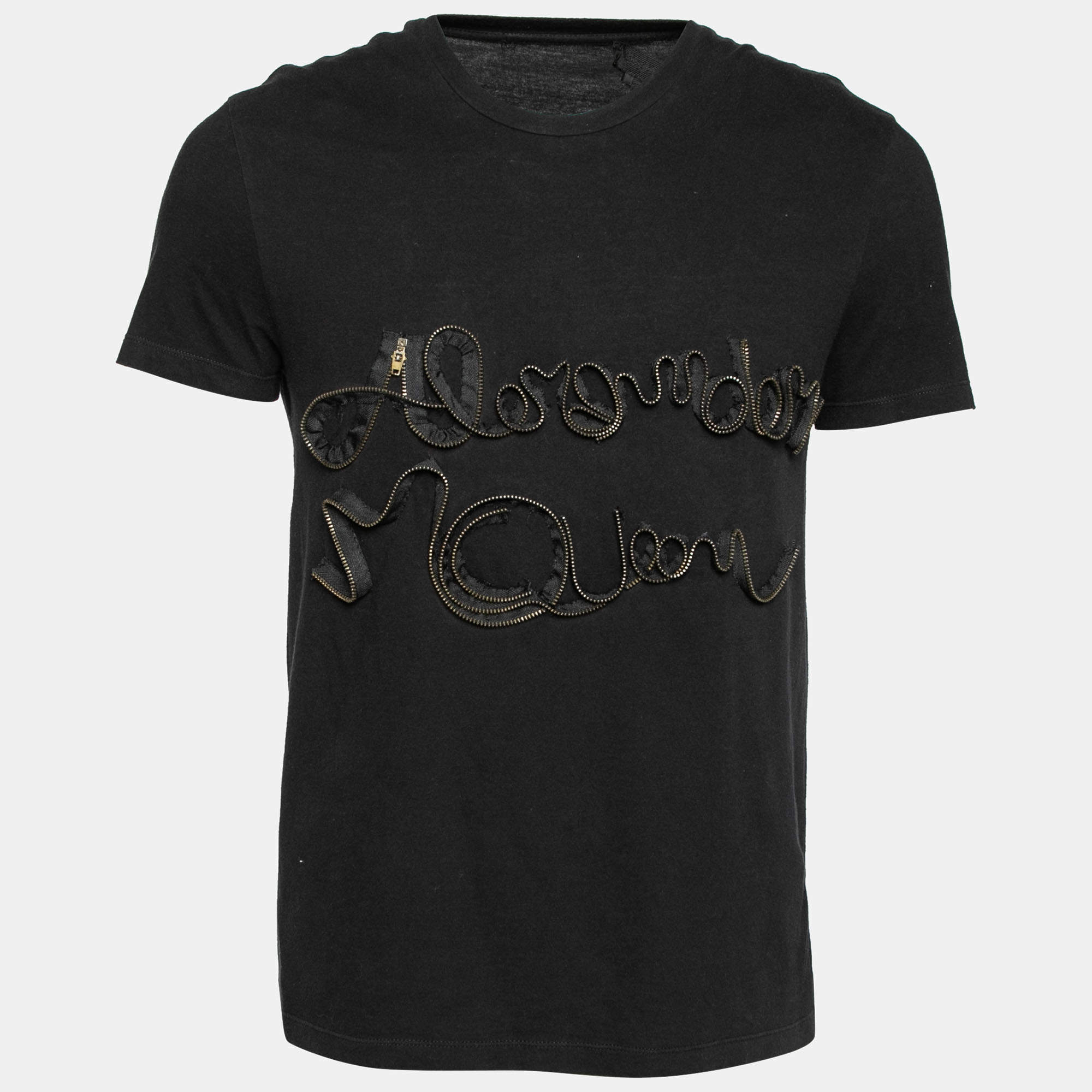 مملوكة مسبقًا Alexander McQueen Black Cotton Logo Zipped Detailed Crew Neck T-Shirt S