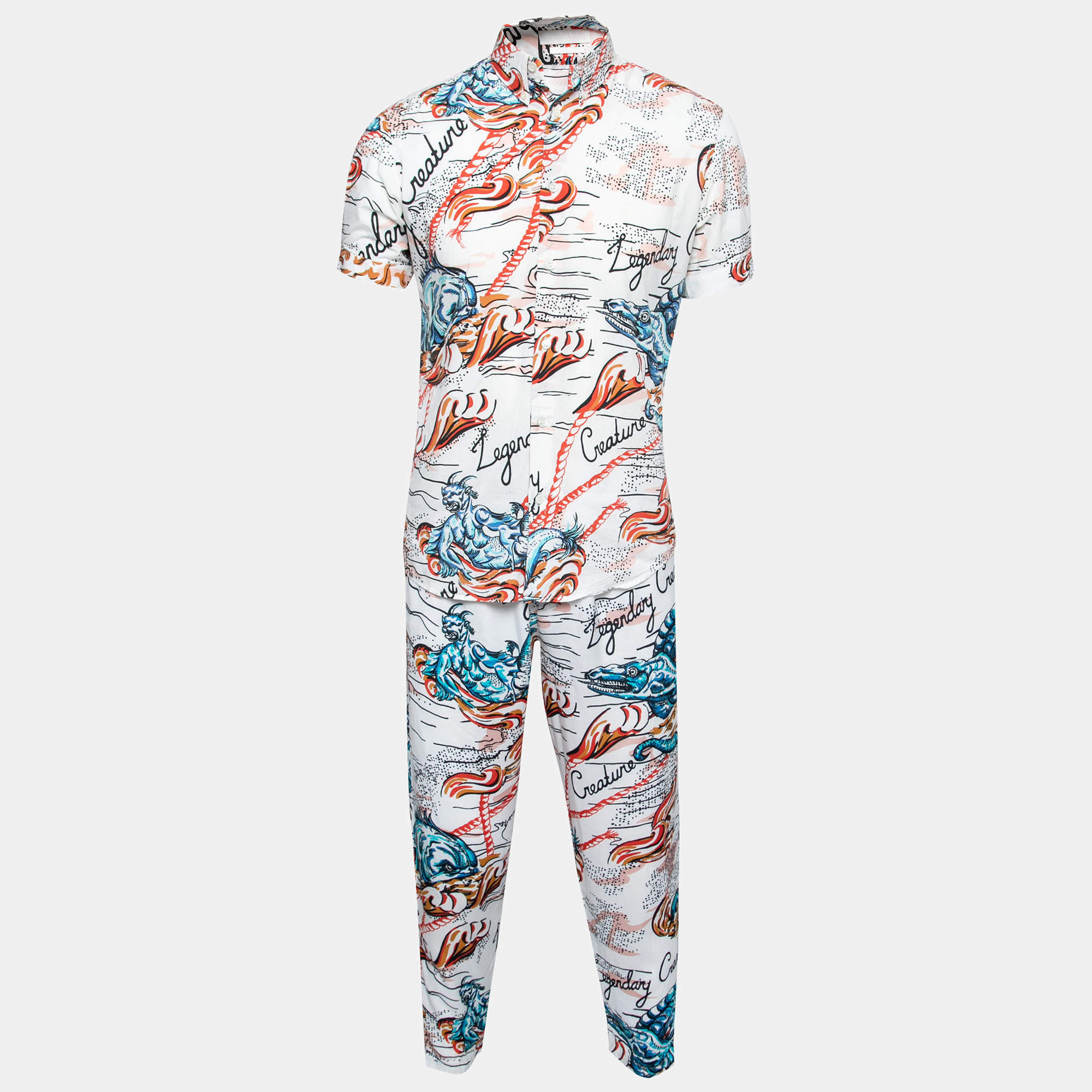 Pre Owned Alexander McQueen White Legendary Creature Print Cotton Shirt & Pant Set S