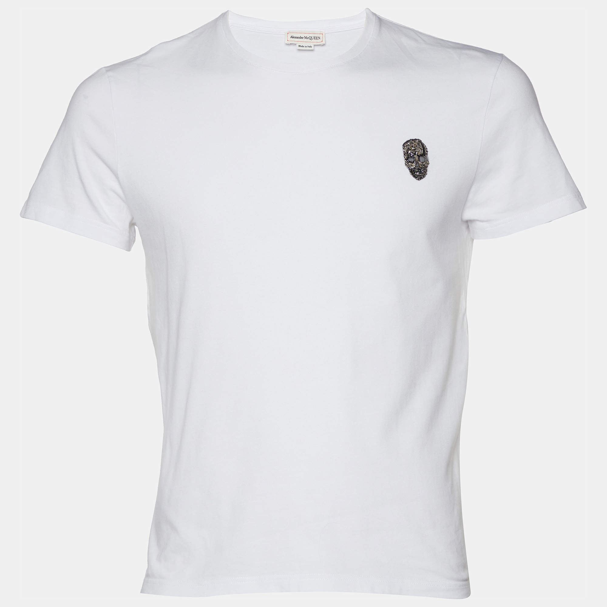 Pre Owned Alexander McQueen White Skull Embellished Cotton Knit Crewneck T-Shirt S