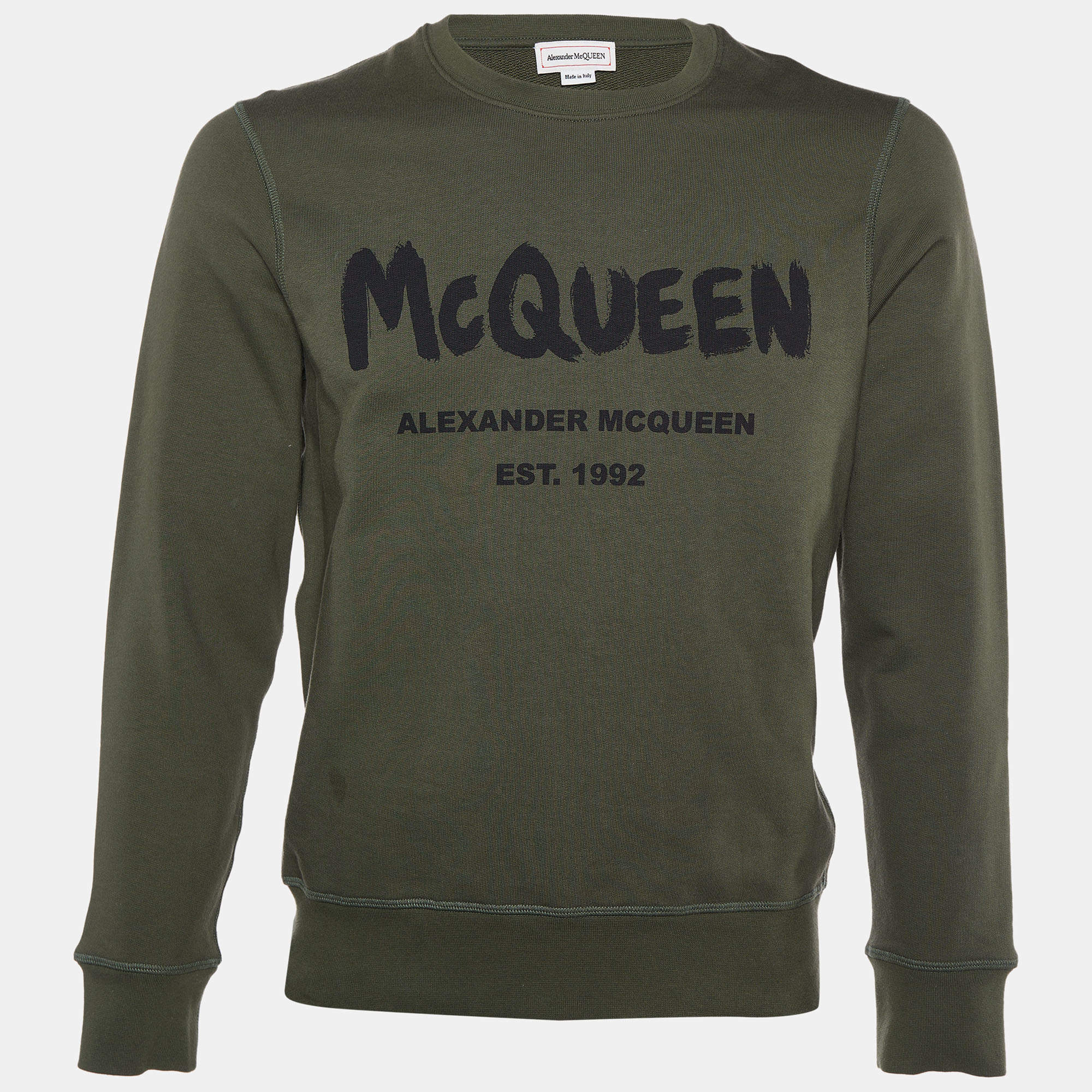 Pre Owned Alexander McQueen Dark Green Logo Printed Cotton Knit Sweatshirt S
