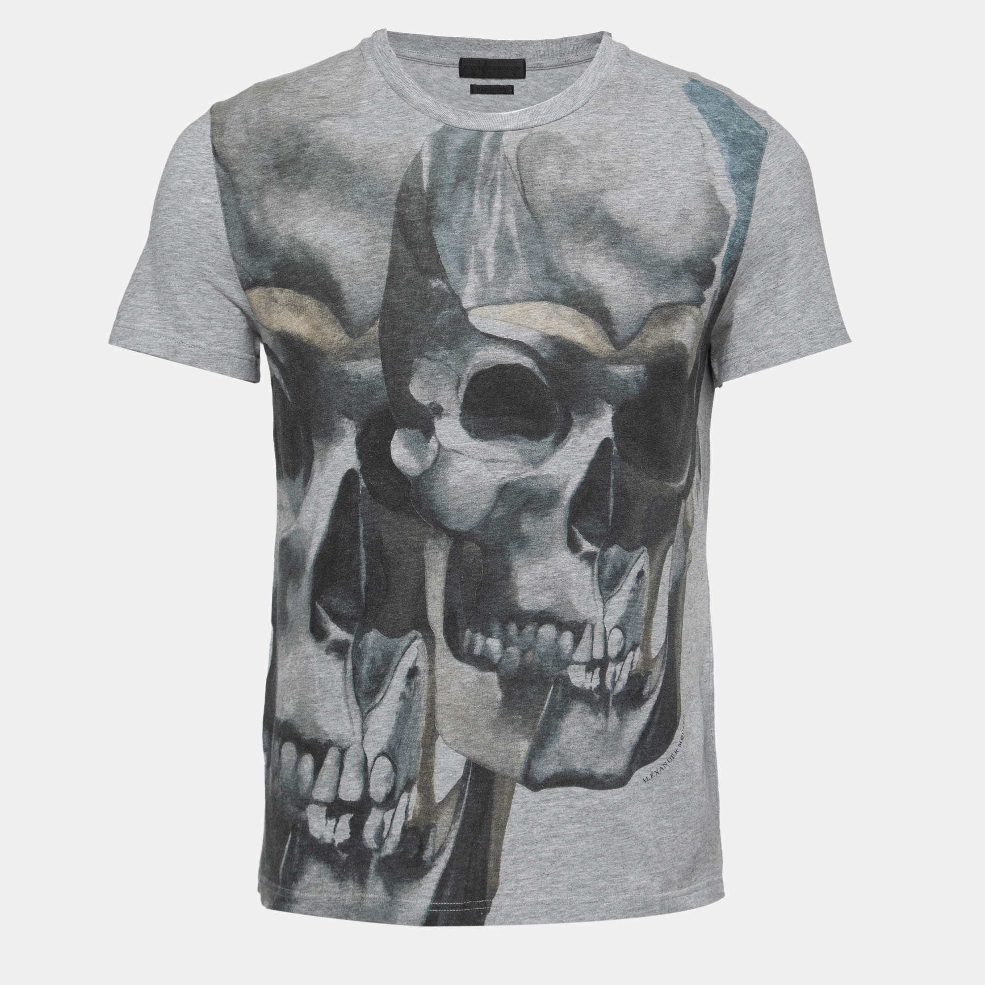 Pre Owned Alexander McQueen Grey Skull Print Cotton Crew Neck T-Shirt XS