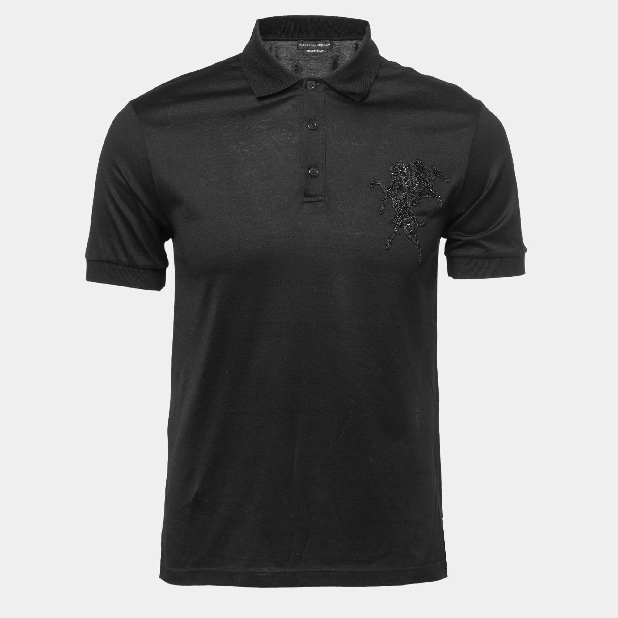 Pre Owned Alexander McQueen Black Cotton Beaded Patch Detail Polo T-Shirt S